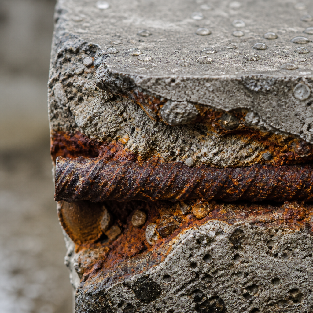 Détail macro de la corrosion du béton armé et de l'oxydation des armatures