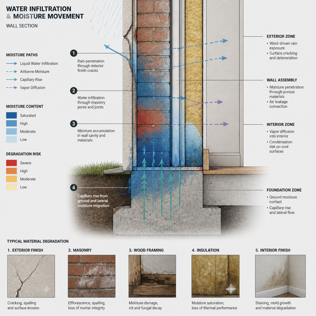 Schéma technique des mécanismes d'infiltration d'eau dans les structures du bâtiment