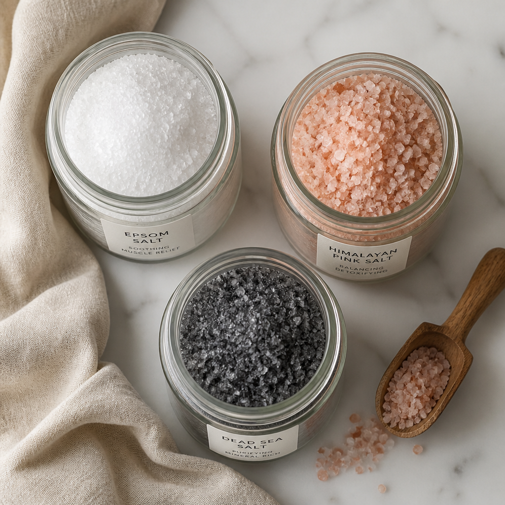 Three types of bath salts in glass jars: white Epsom salt, pink Himalayan salt, and dark Dead Sea salt