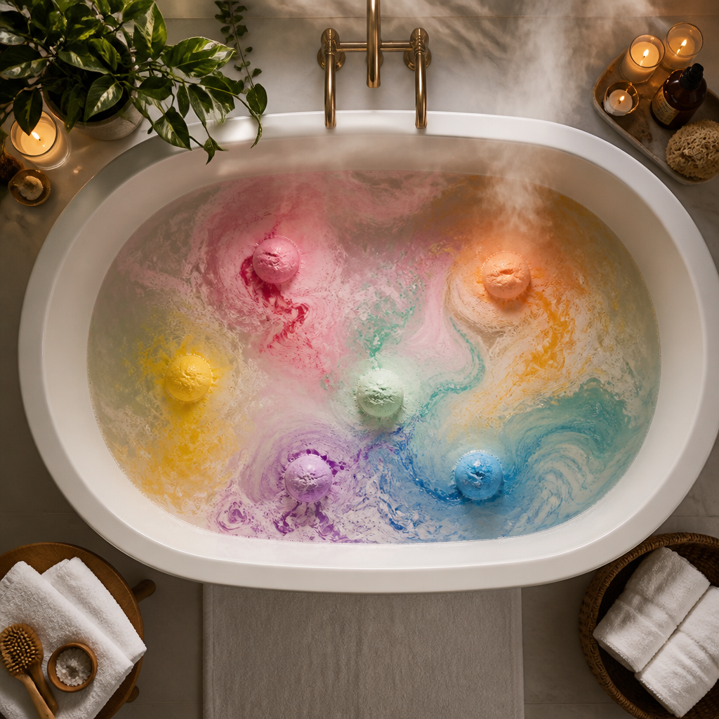 Colorful bath bombs dissolving in warm bathwater with swirling colors and rising steam