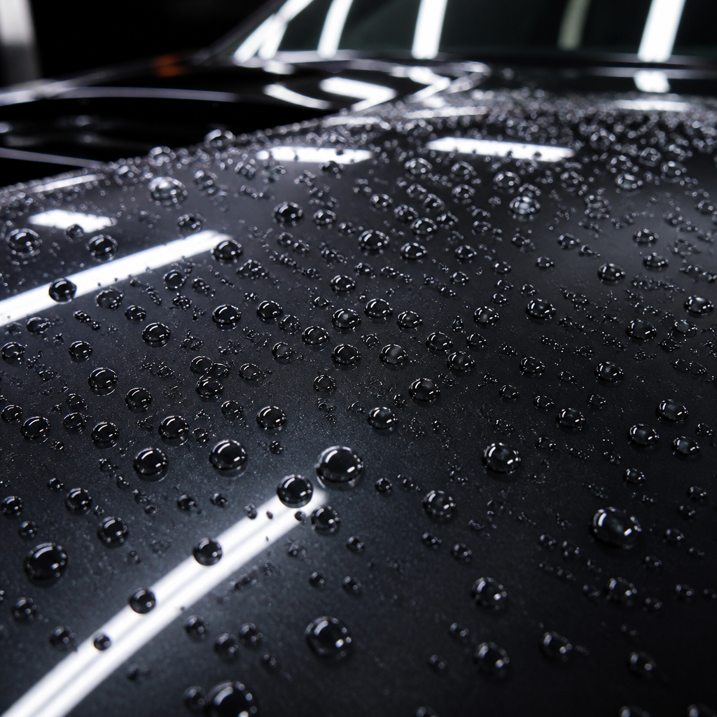 Mirror-polished car hood with ceramic coating and water beads under studio lighting