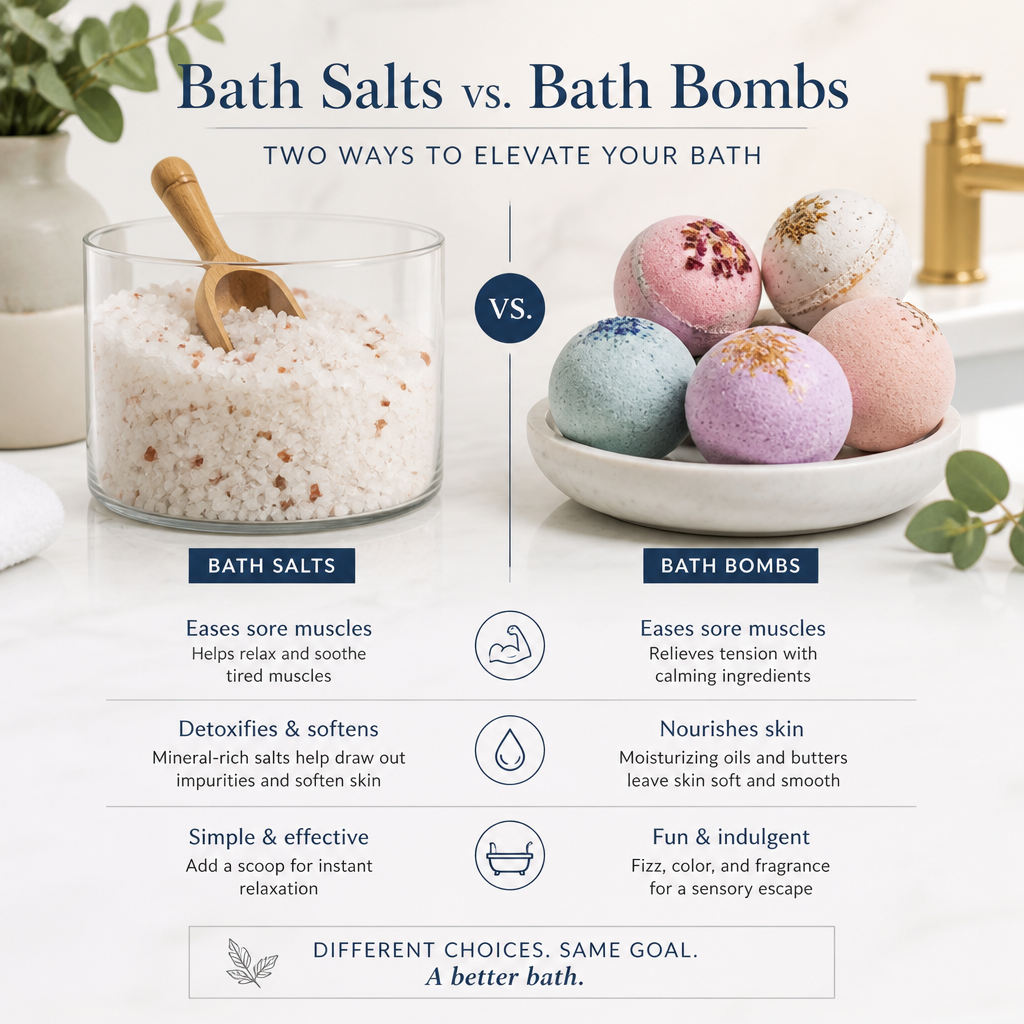 Bath salts and bath bombs displayed side by side on a bathroom counter for comparison