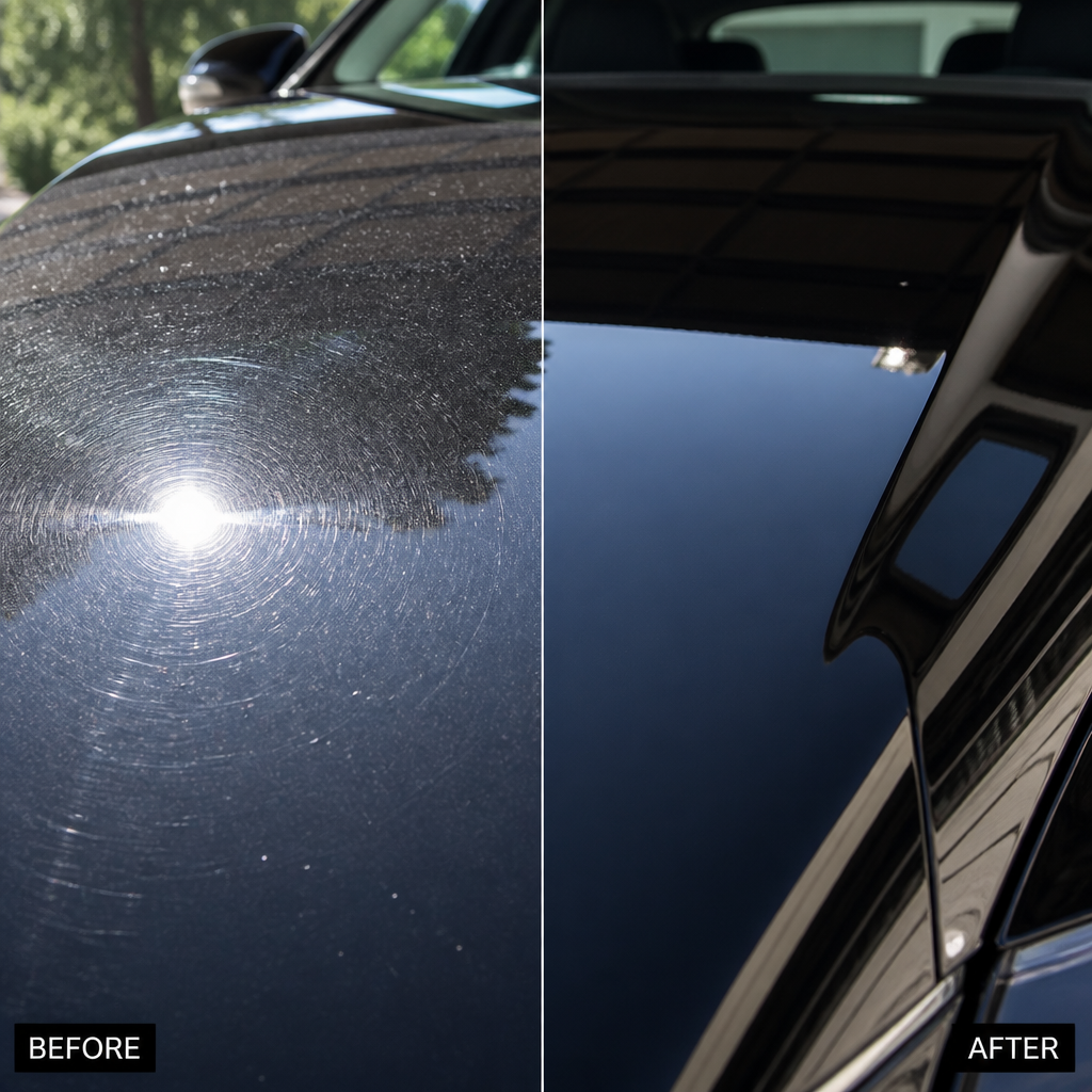 Before-and-after paint correction showing swirl marks versus flawless finish