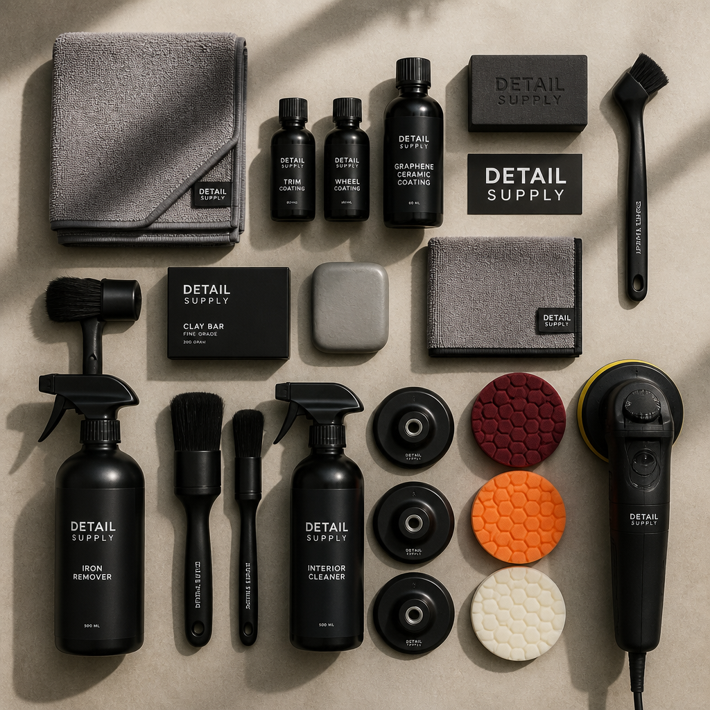 Professional auto detailing tools and ceramic coating supplies in organized workspace