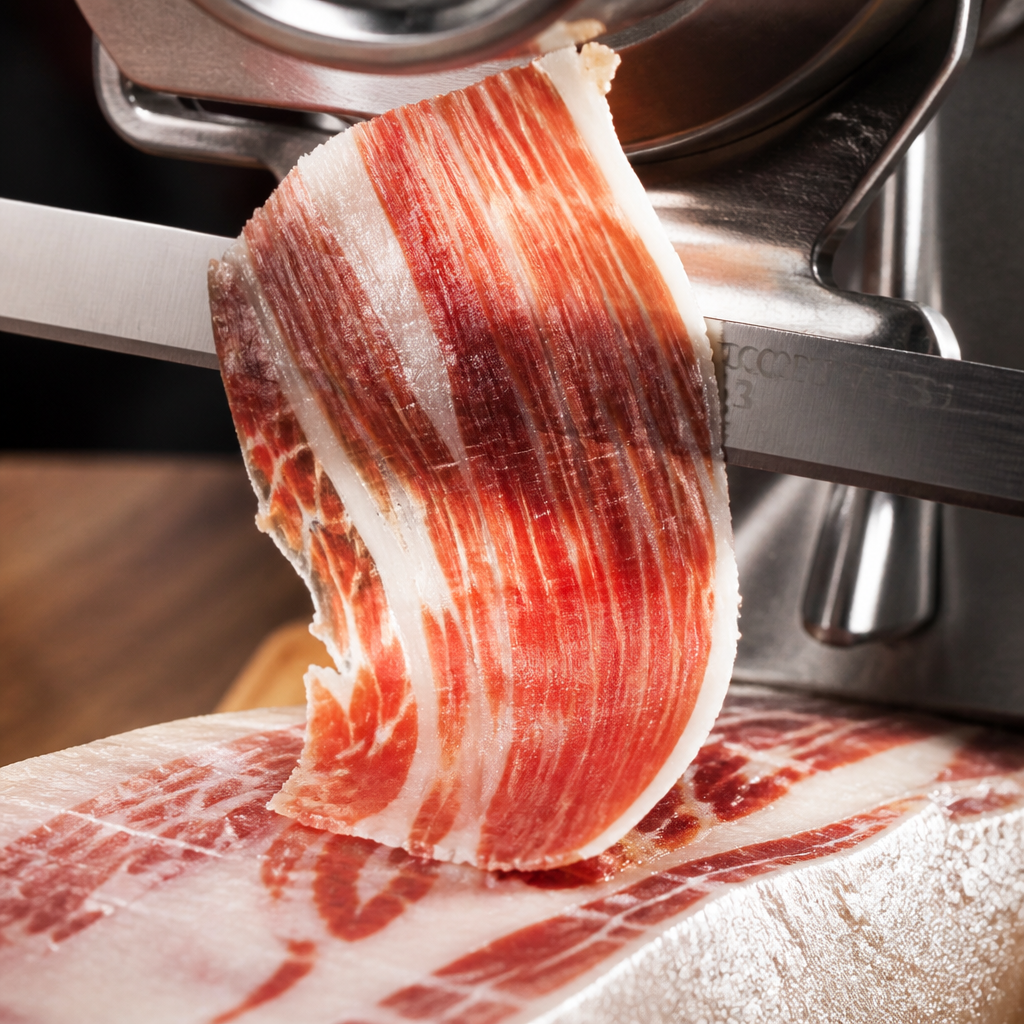 Close-up of jamón ibérico being sliced showing meat detail