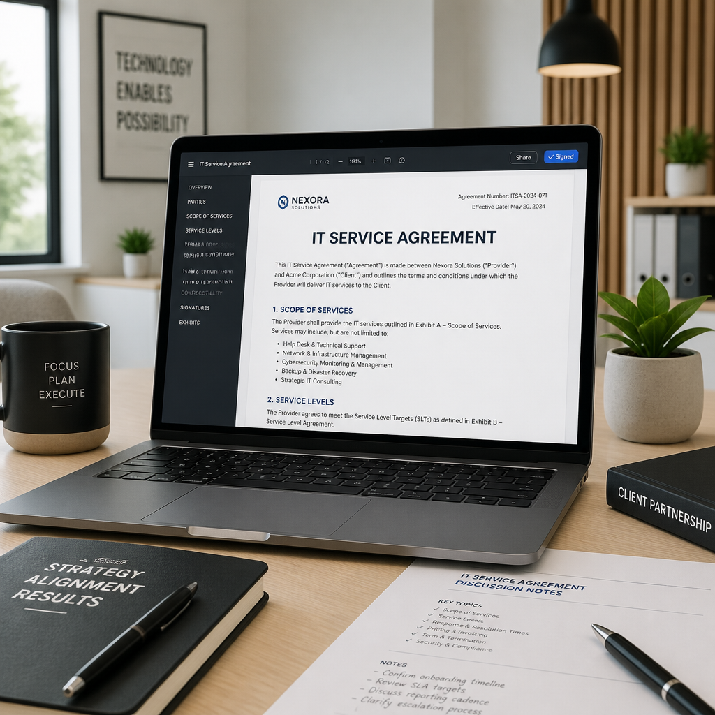 Digitalt serviceaftale-dokument på laptop-skærm på kontorskrivebord