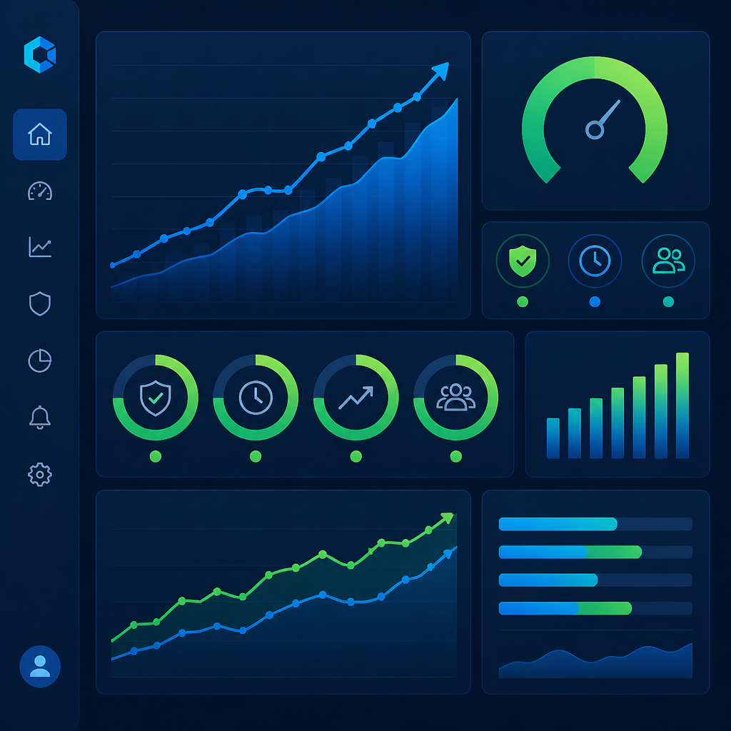 SLA-metrics og responstidsdiagrammer visualiseret som abstrakt datagrafikk