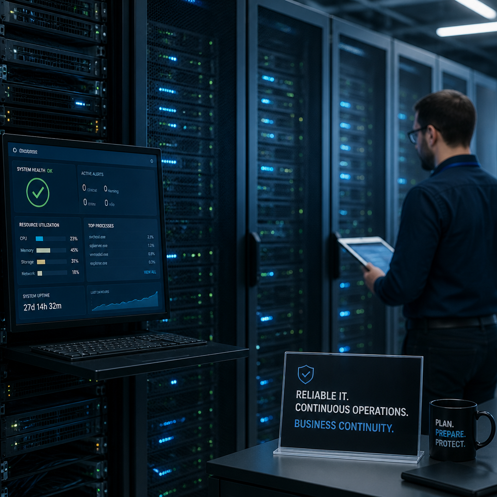 Serverrum med blinkende indikatorer som symbol på pålidelig IT-infrastruktur
