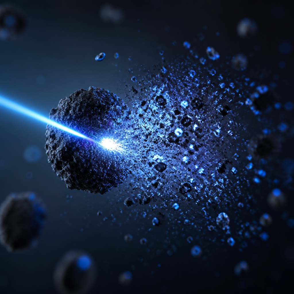 Laser beam breaking down ink particles in close-up scientific detail
