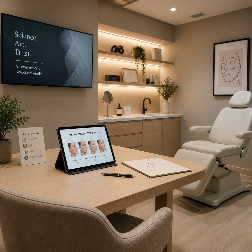 Professional tattoo removal clinic consultation room with modern medical equipment and charts