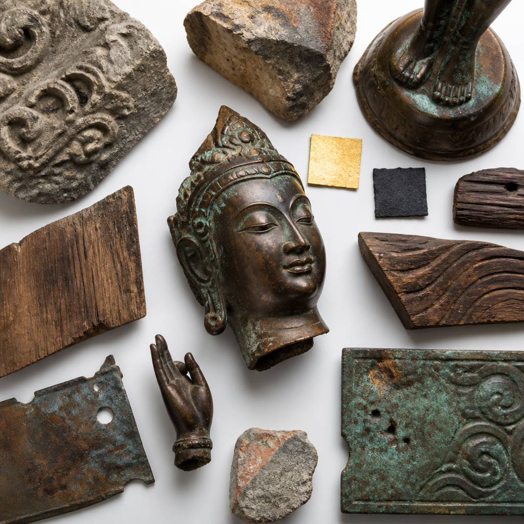 Colección de materiales escultóricos asiáticos, incluidos fragmentos de bronce, piedra y metal con pátina visible y características de edad.