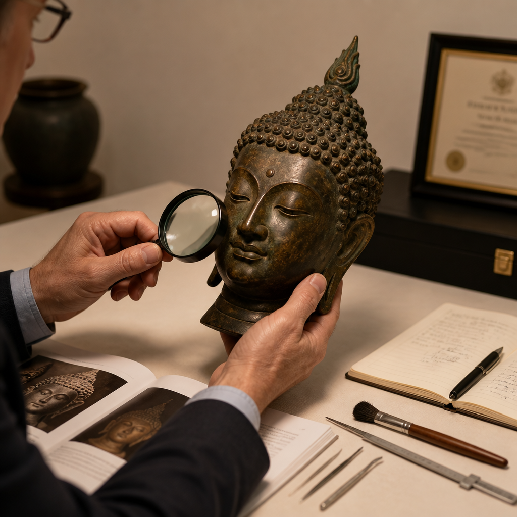 Experto examinando una escultura de Buda de bronce con lupa en un entorno de evaluación profesional