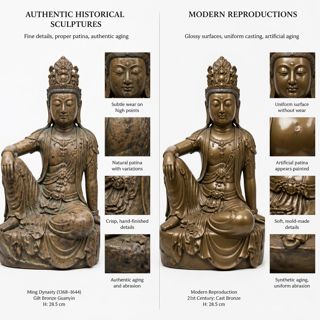 Comparación lado a lado de auténticas esculturas religiosas asiáticas versus piezas de reproducción que muestran diferencias en artesanía y pátina