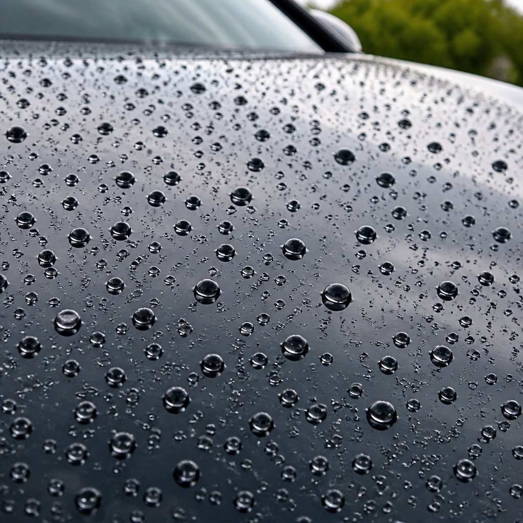 Water beads on ceramic-coated car paint demonstrating hydrophobic protection