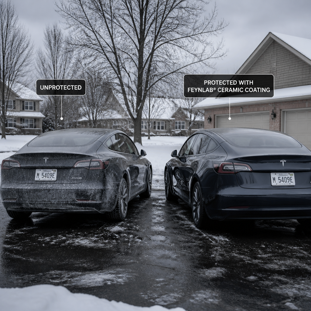 Suburban Chicago winter driveway scene showing seasonal road salt and winter weather effects