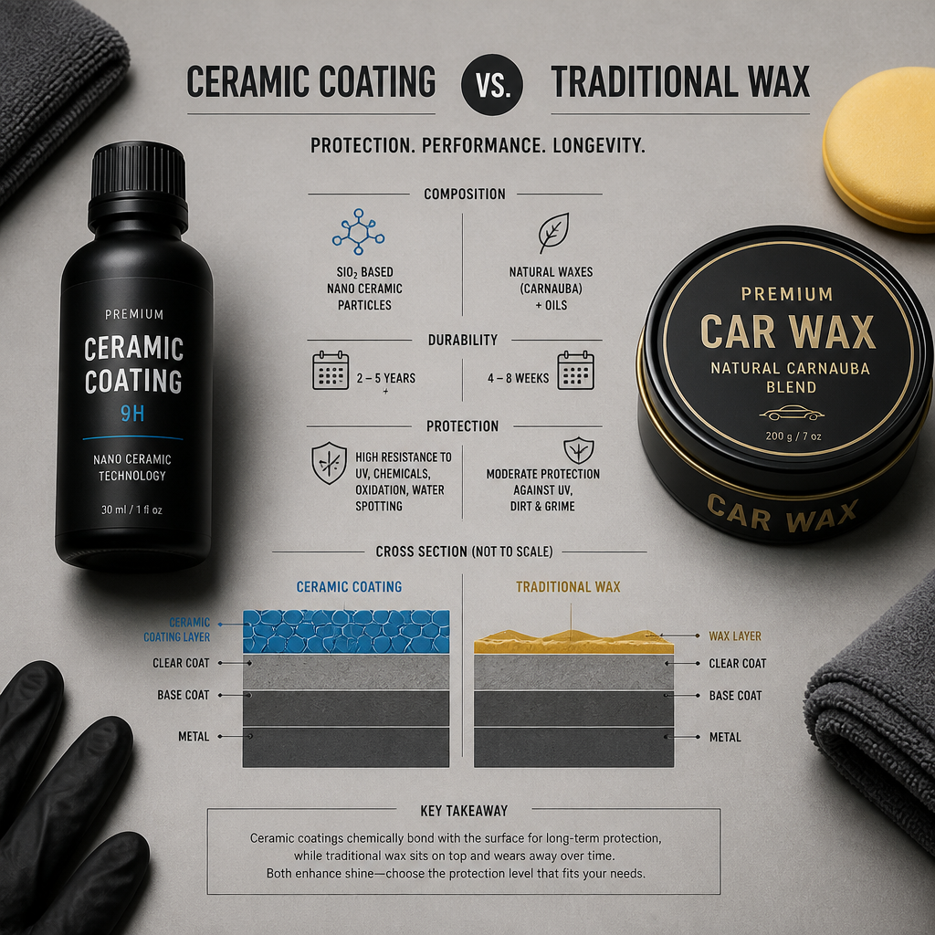 Ceramic coating and car wax products arranged for visual comparison