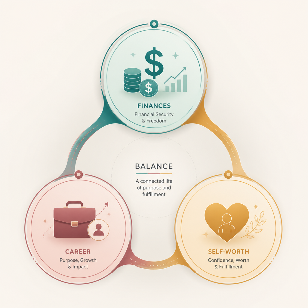 Geometric diagram showing three interconnected circles representing the triangle of money, career, and personal worth
