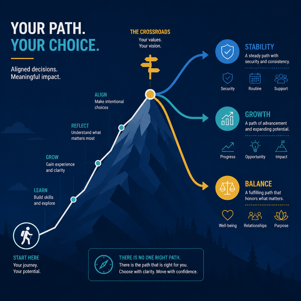Abstract visualization of career paths diverging upward, representing different choices aligned with values and compensation
