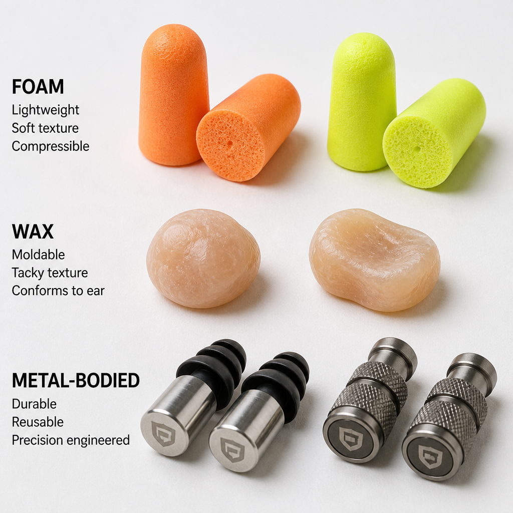 Close-up of foam, wax, and metal ear plugs on a white background.