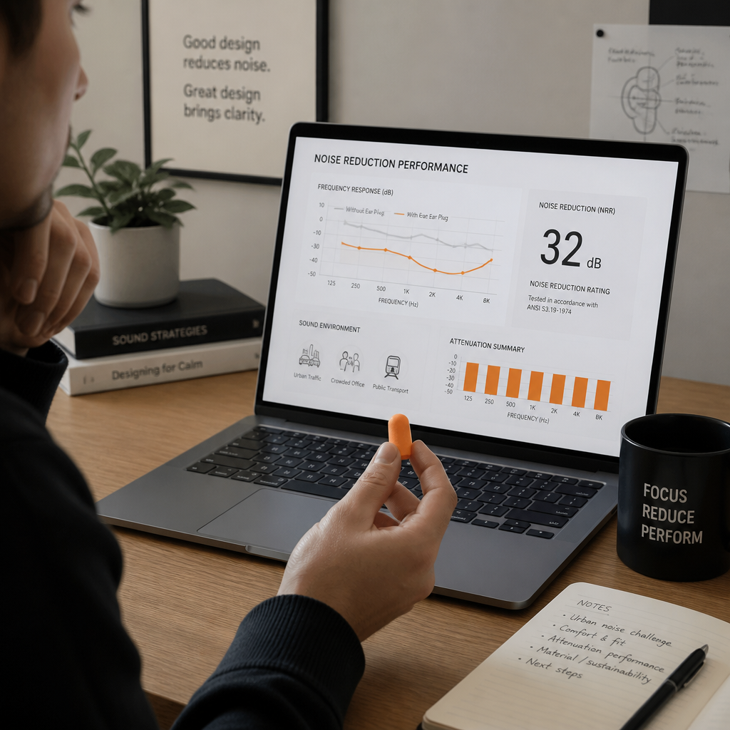 A hand holding a foam ear plug next to a laptop with noise reduction charts.