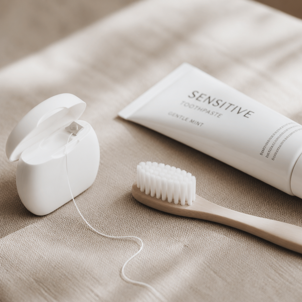 Gentle dental care products arranged on neutral linen surface with soft natural lighting