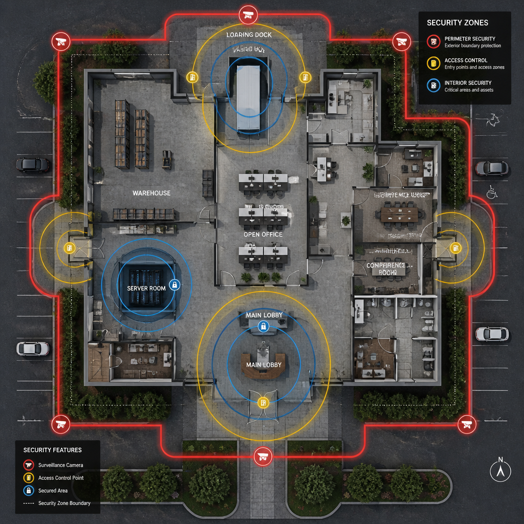 Layered security system diagram showing three rings of protection around a commercial property