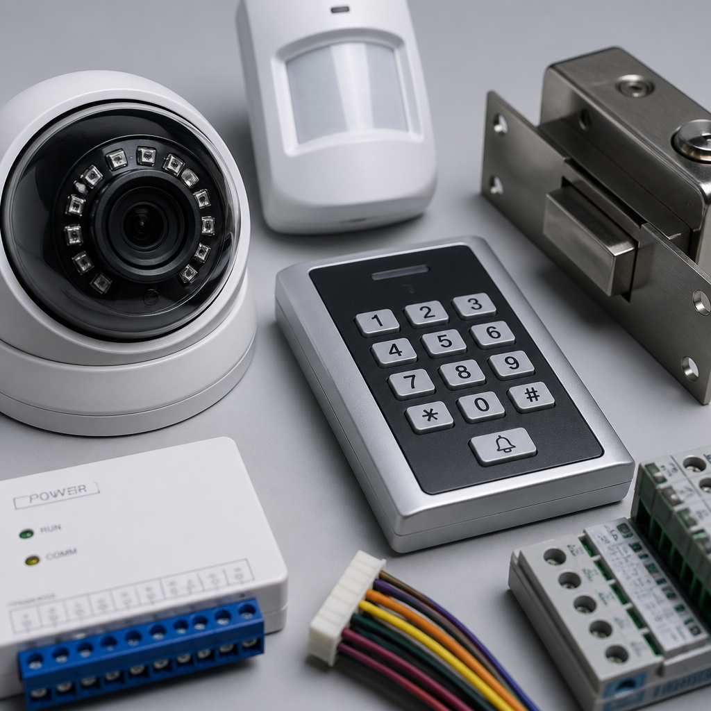 Collection of commercial security hardware components including cameras, access controls, and sensors