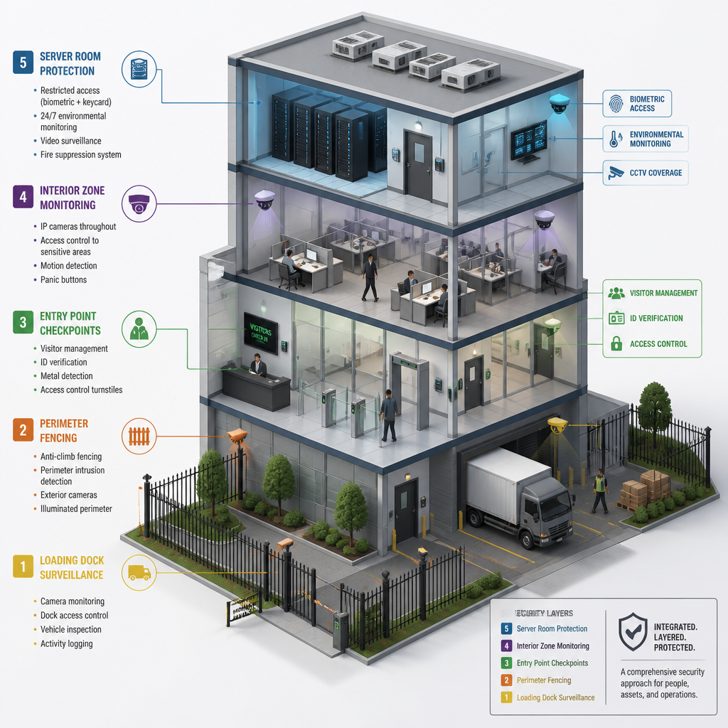 Cross-section illustration of a commercial building depicting multiple security layers from perimeter to interior zones