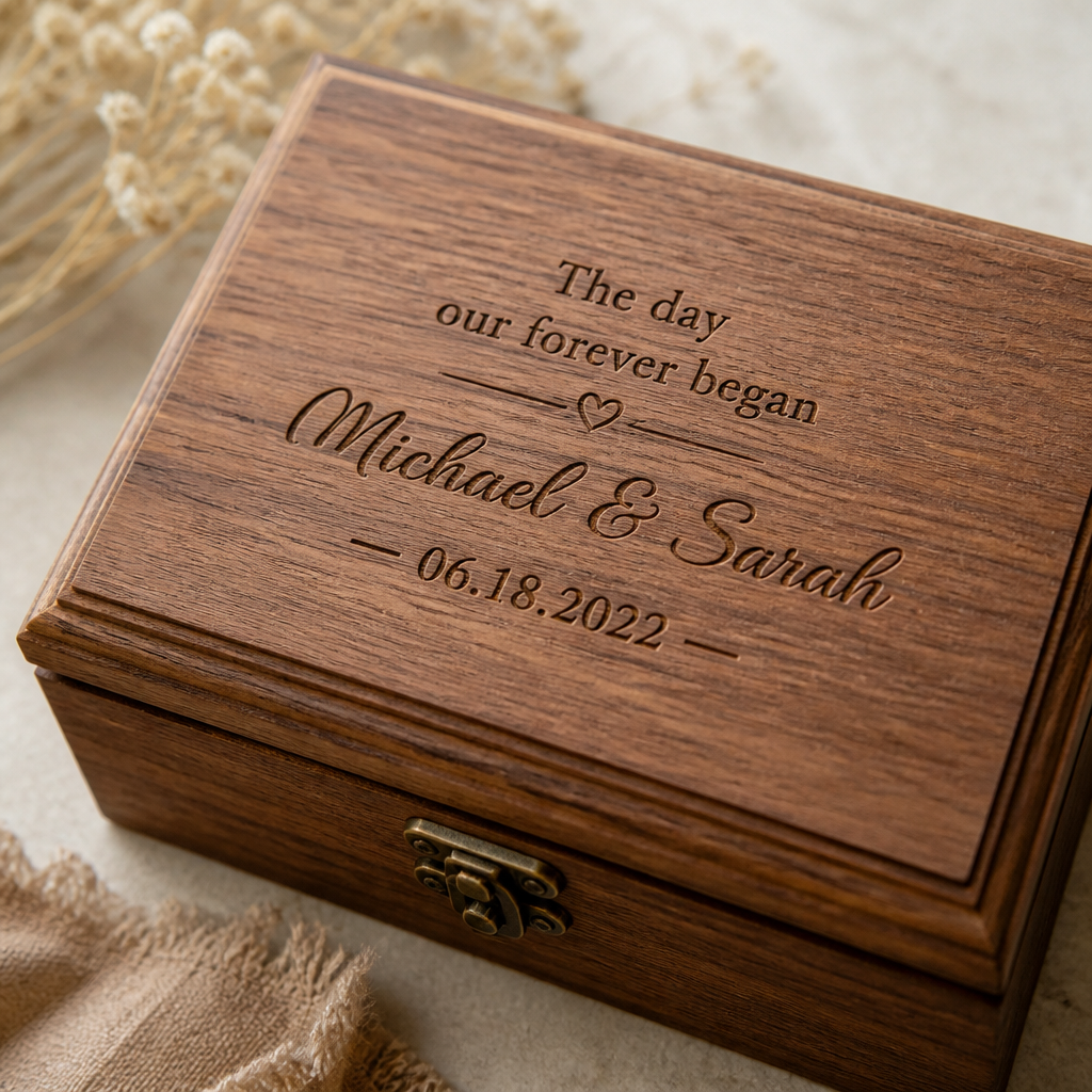 Engraved wooden box with personalized date detail on warm surface