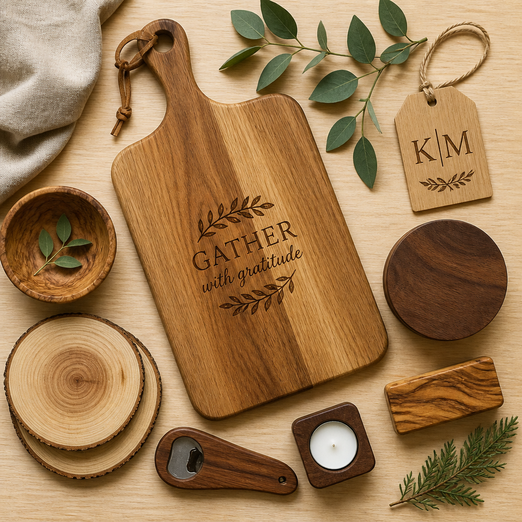 Collection of personalized wood gift items in sustainable materials