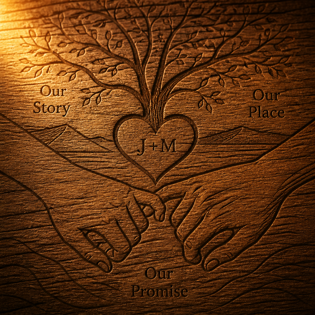 Wooden surface with engraved patterns symbolizing personalization and lasting memory