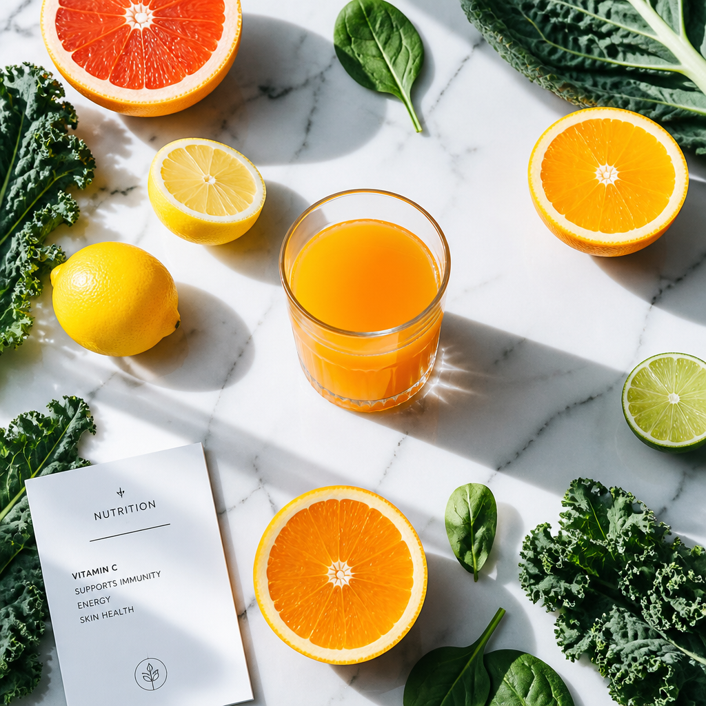 Flat lay of citrus fruits, leafy greens, and vitamin C-rich juice on marble with natural sunlight