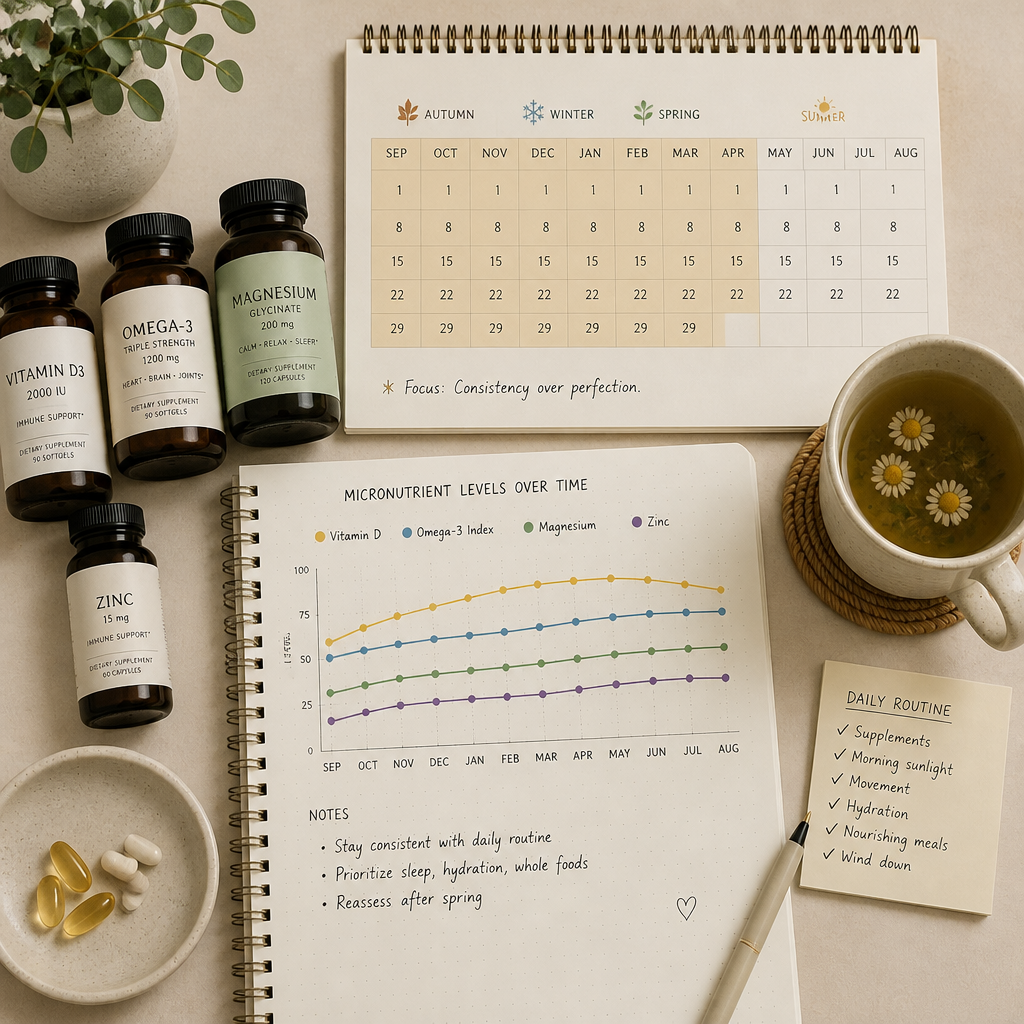 Organized wellness workspace with supplements, seasonal calendar, tea, and nutrition tracking chart