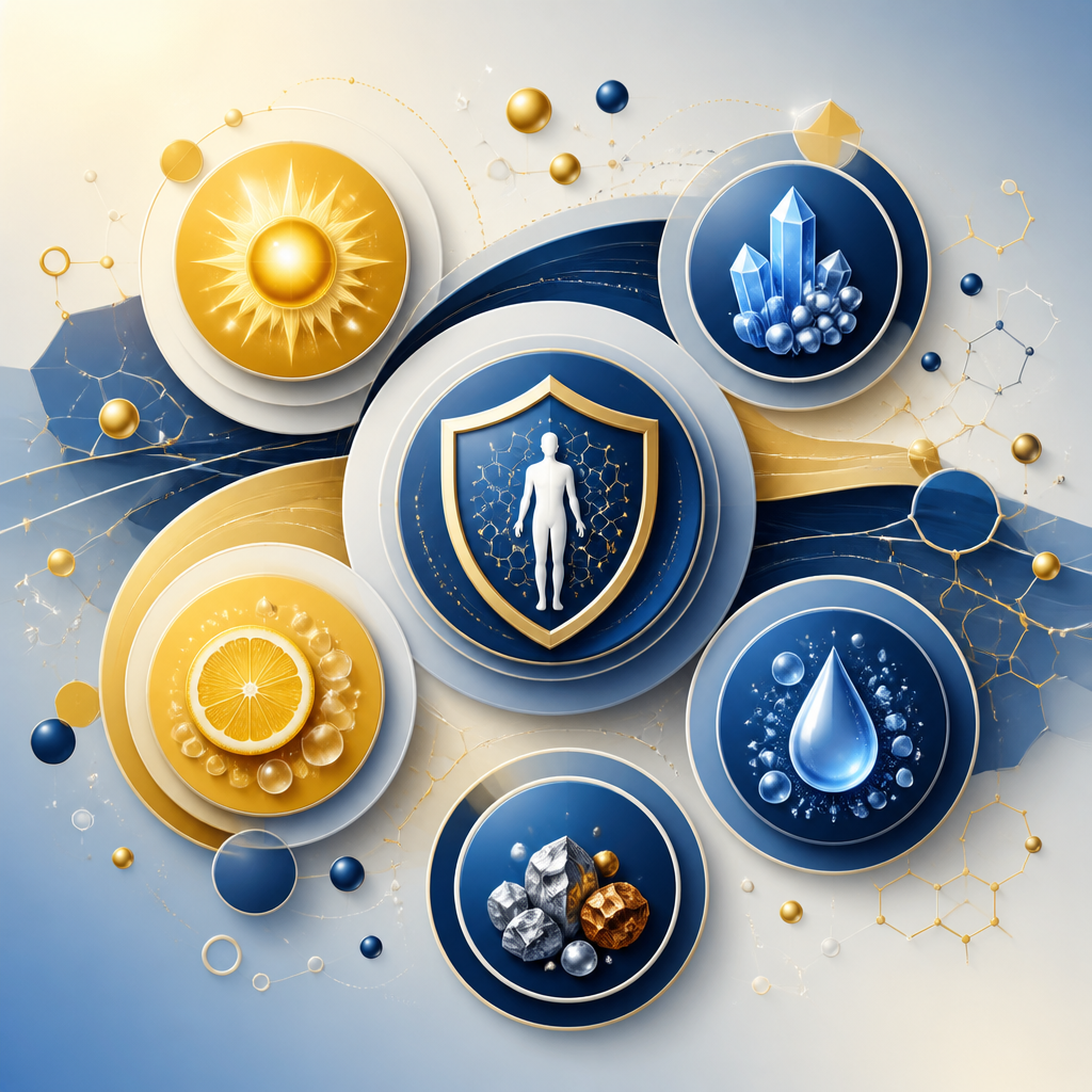 Abstract geometric illustration of micronutrient symbols in gold and blue tones