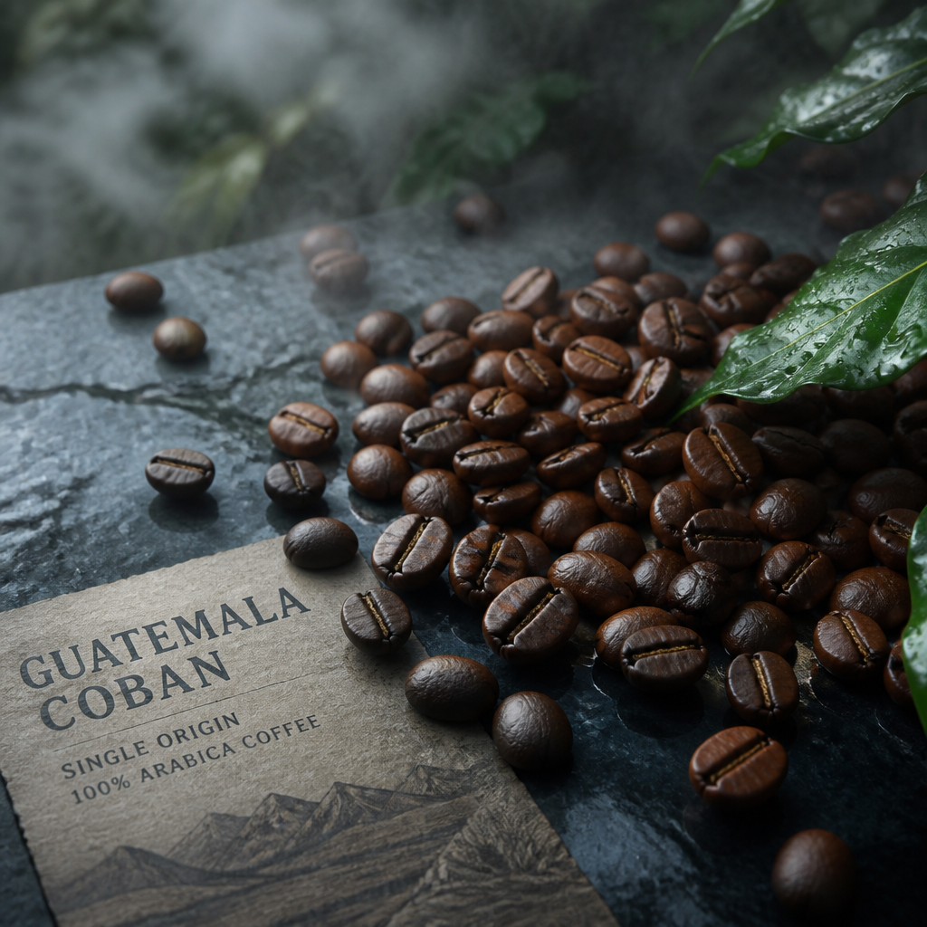 Freshly roasted Coban coffee beans on dark slate with misty atmospheric lighting