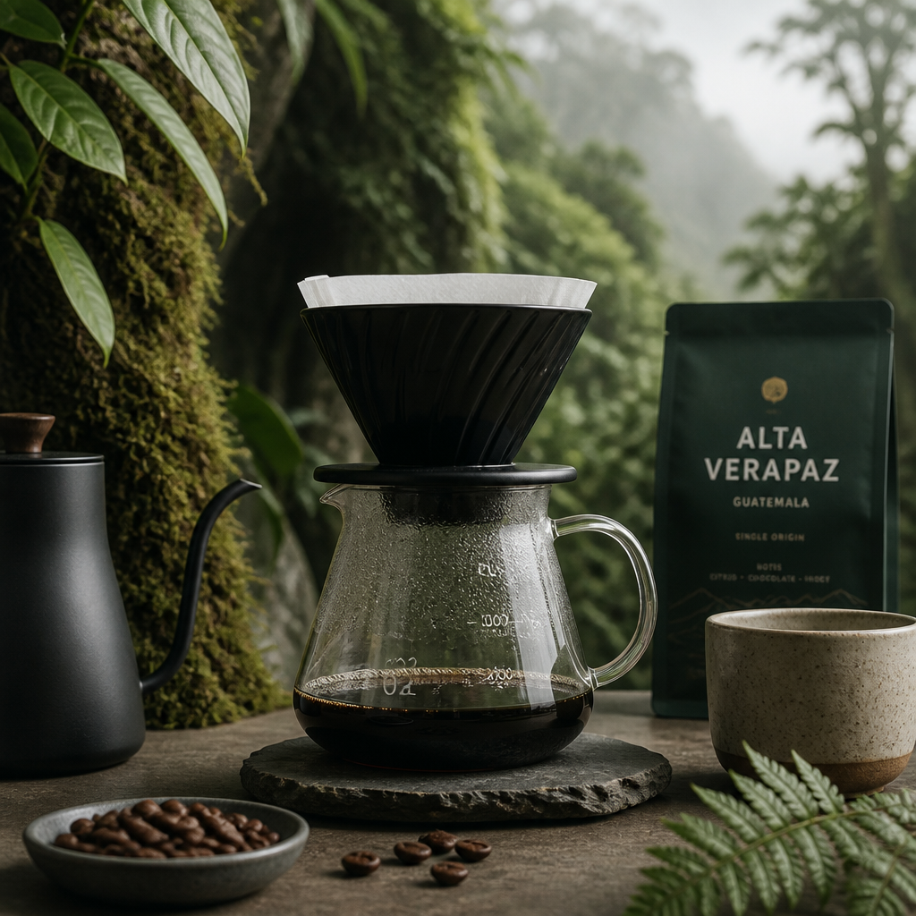 Minimalist pour-over coffee brewing setup with cloud forest-inspired styling