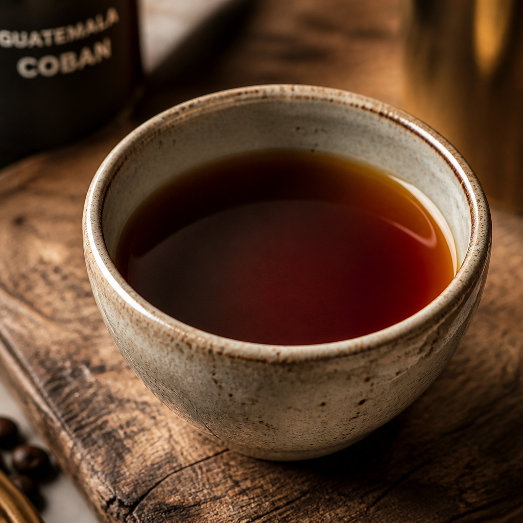 Cup of brewed Coban coffee with rich amber color on wooden surface