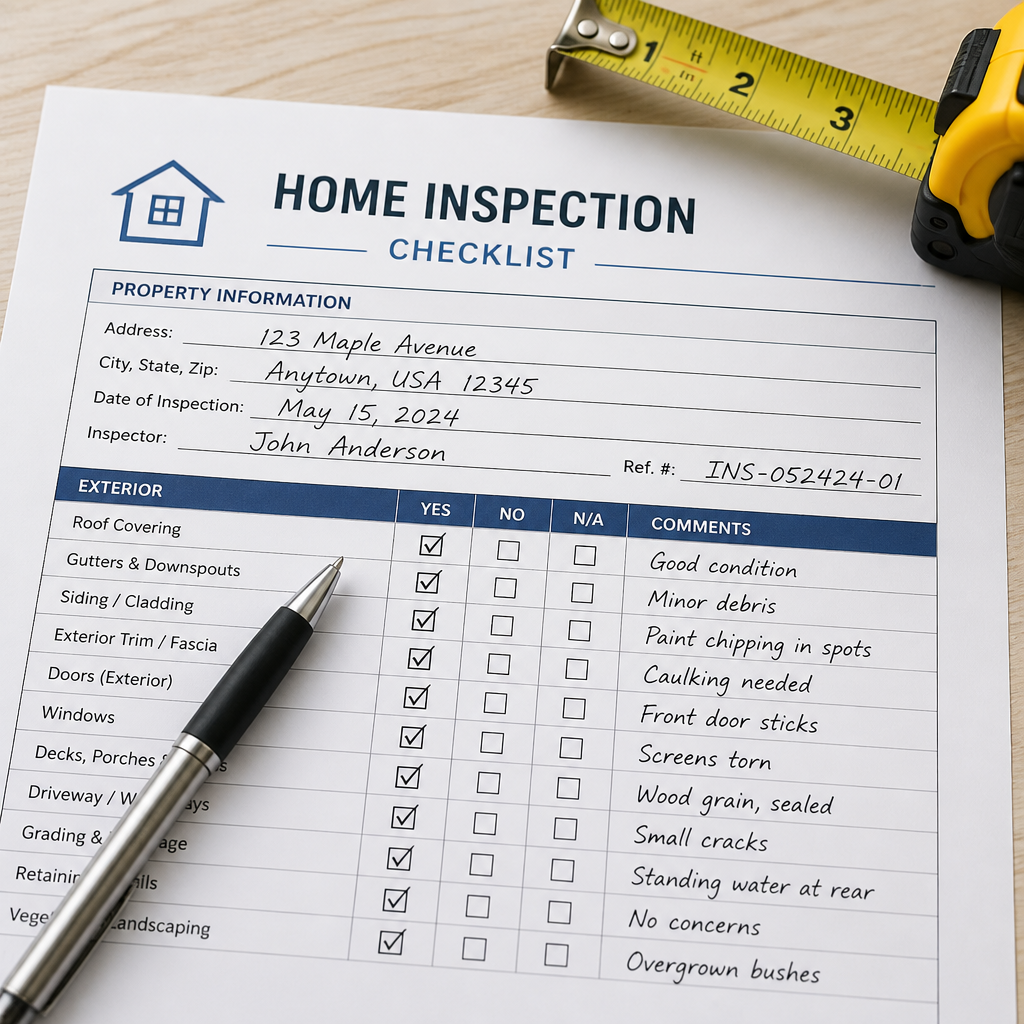 Home inspection checklist with pen and measuring tape on wooden surface