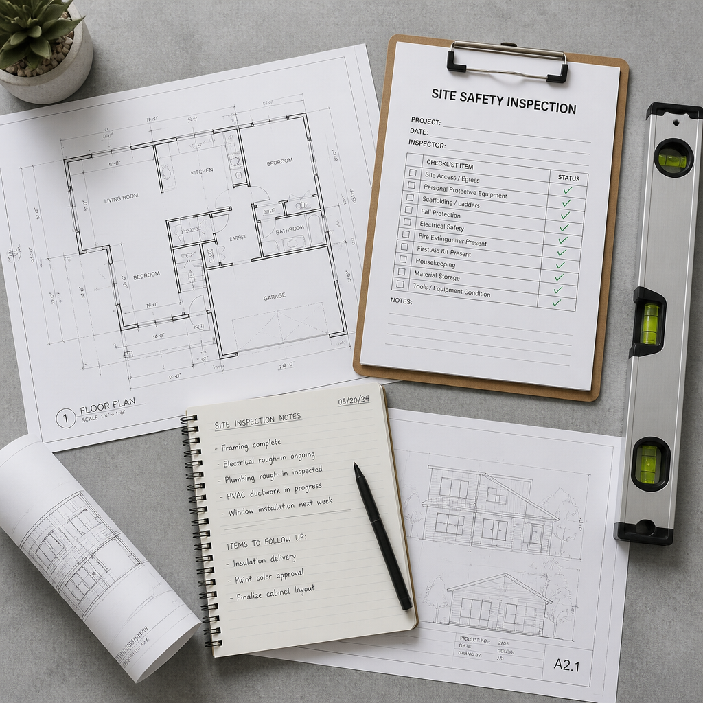 Inspection tools and blueprints arranged on concrete surface