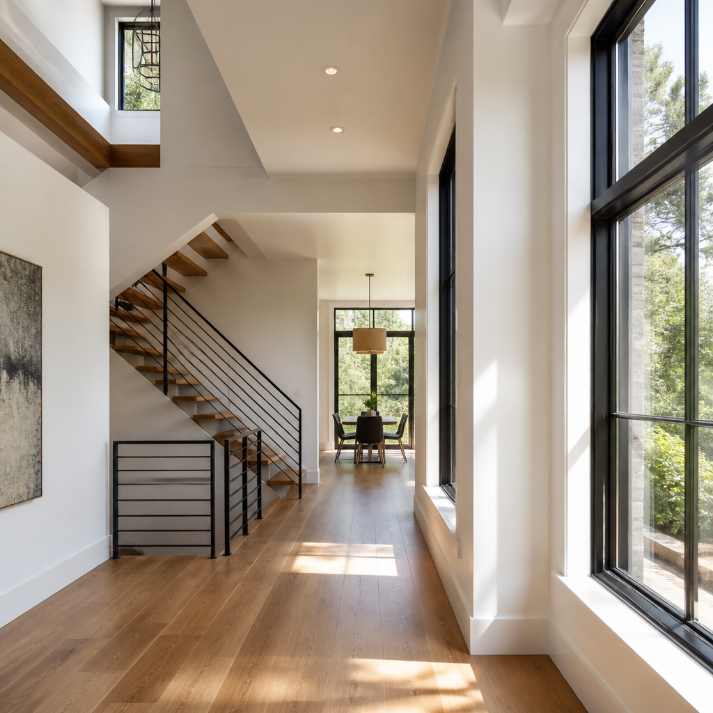 Modern home interior showing walls, windows, and ceiling construction details