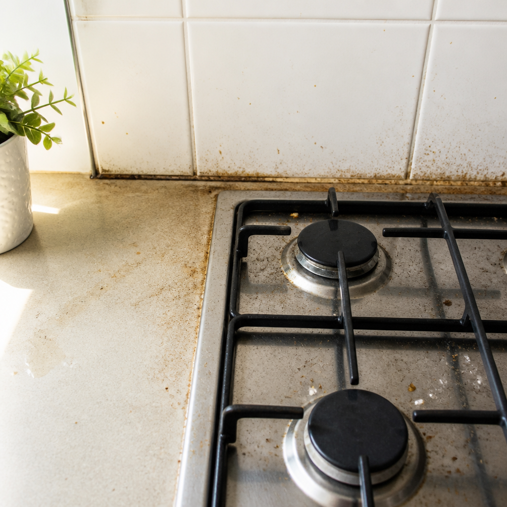 Close-up of kitchen grease and grime around stovetop area commonly missed during end of lease cleaning - End of Lease Cleaning Mistakes