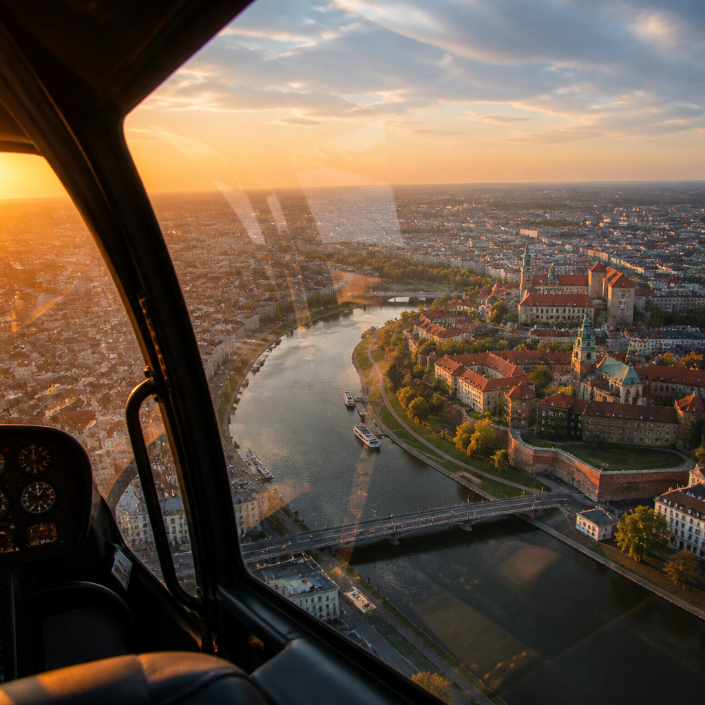 Widok z helikoptera na miasto z lotu ptaka podczas złotej godziny