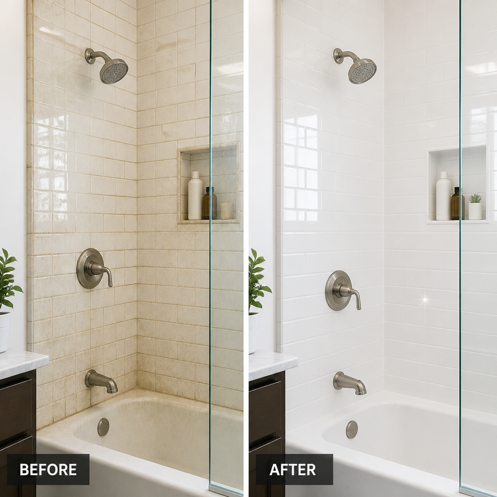 Before-and-after bathroom tile and grout cleaning comparison highlighting inspector checkpoints - End of Lease Cleaning Mistakes