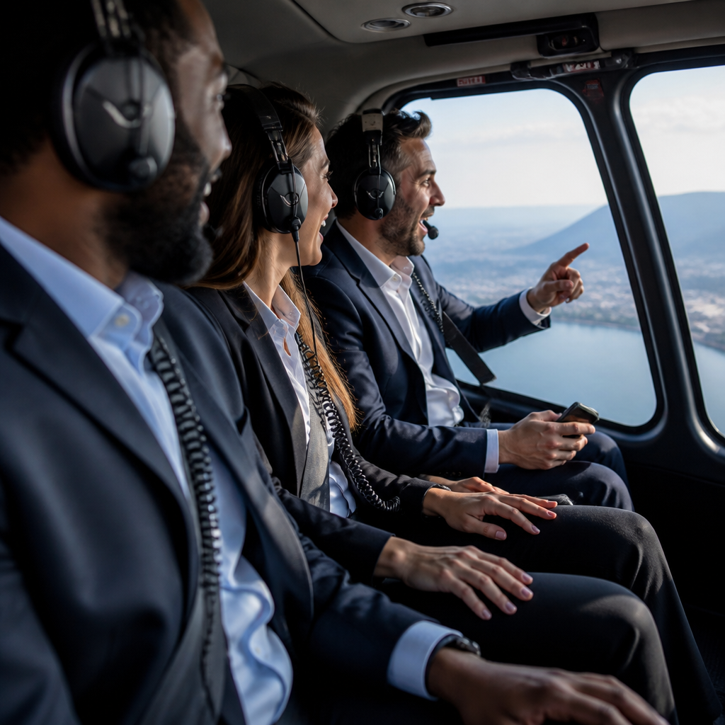 Zespół pracowników przeżywający emocje podczas lotu helikopterem