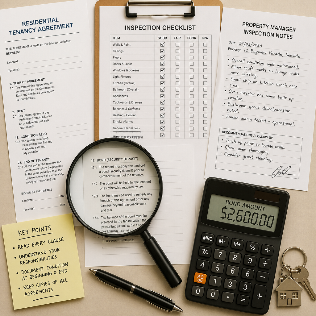 Rental documents and inspection checklist showing the documentation required to protect bond refunds - End of Lease Cleaning Mistakes