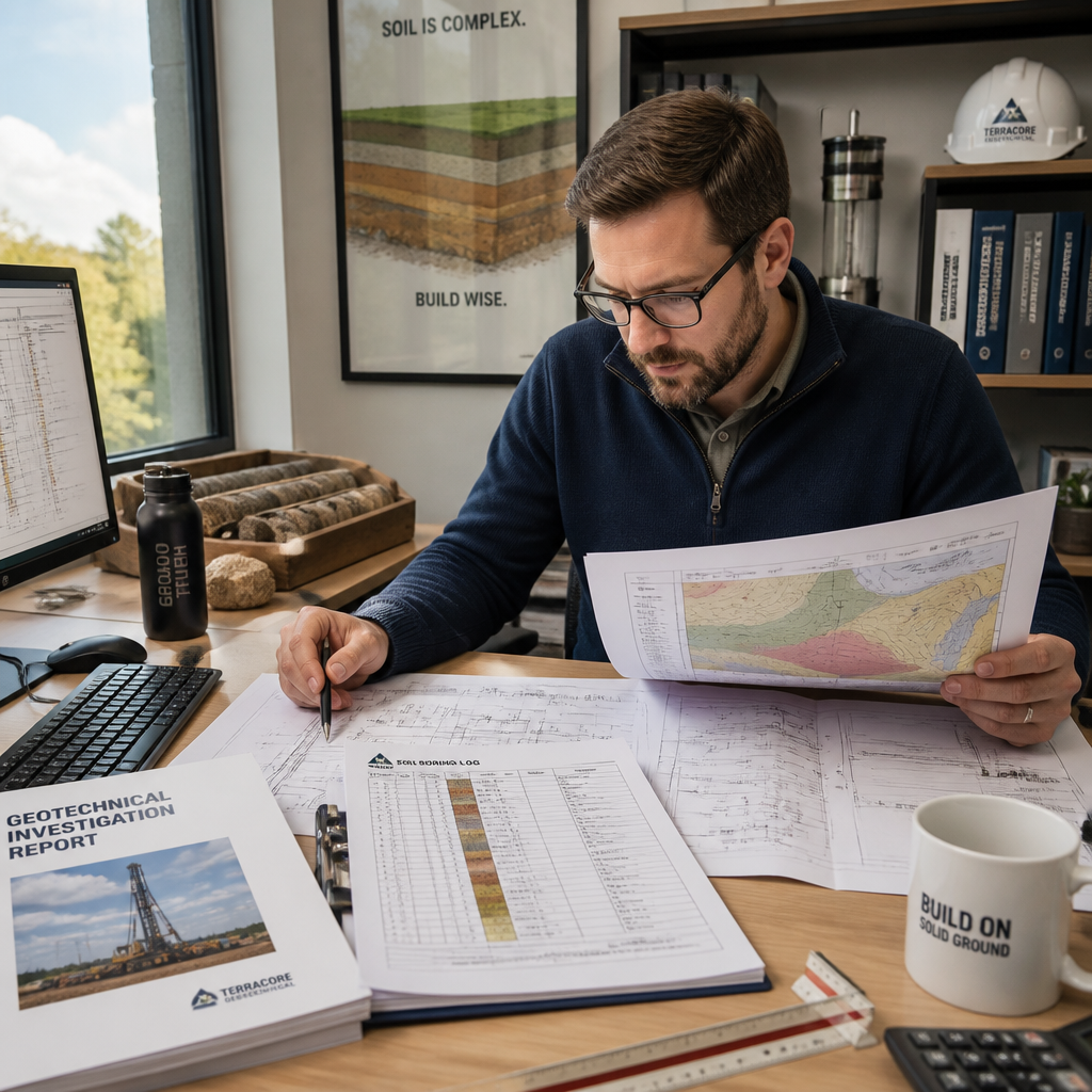 Expert géotechnique examinant des rapports d'analyse de sol et plans structurels