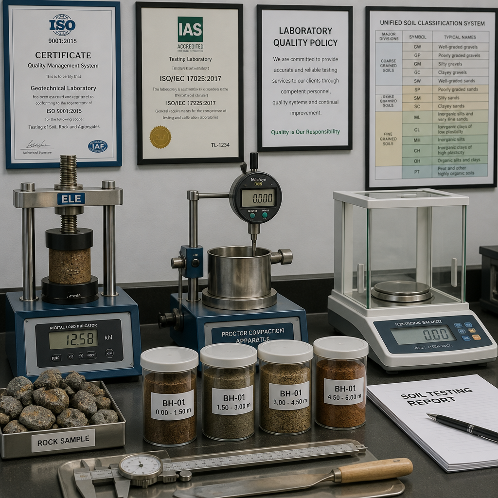 Équipement de laboratoire géotechnique avec échantillons de sol et instruments de mesure