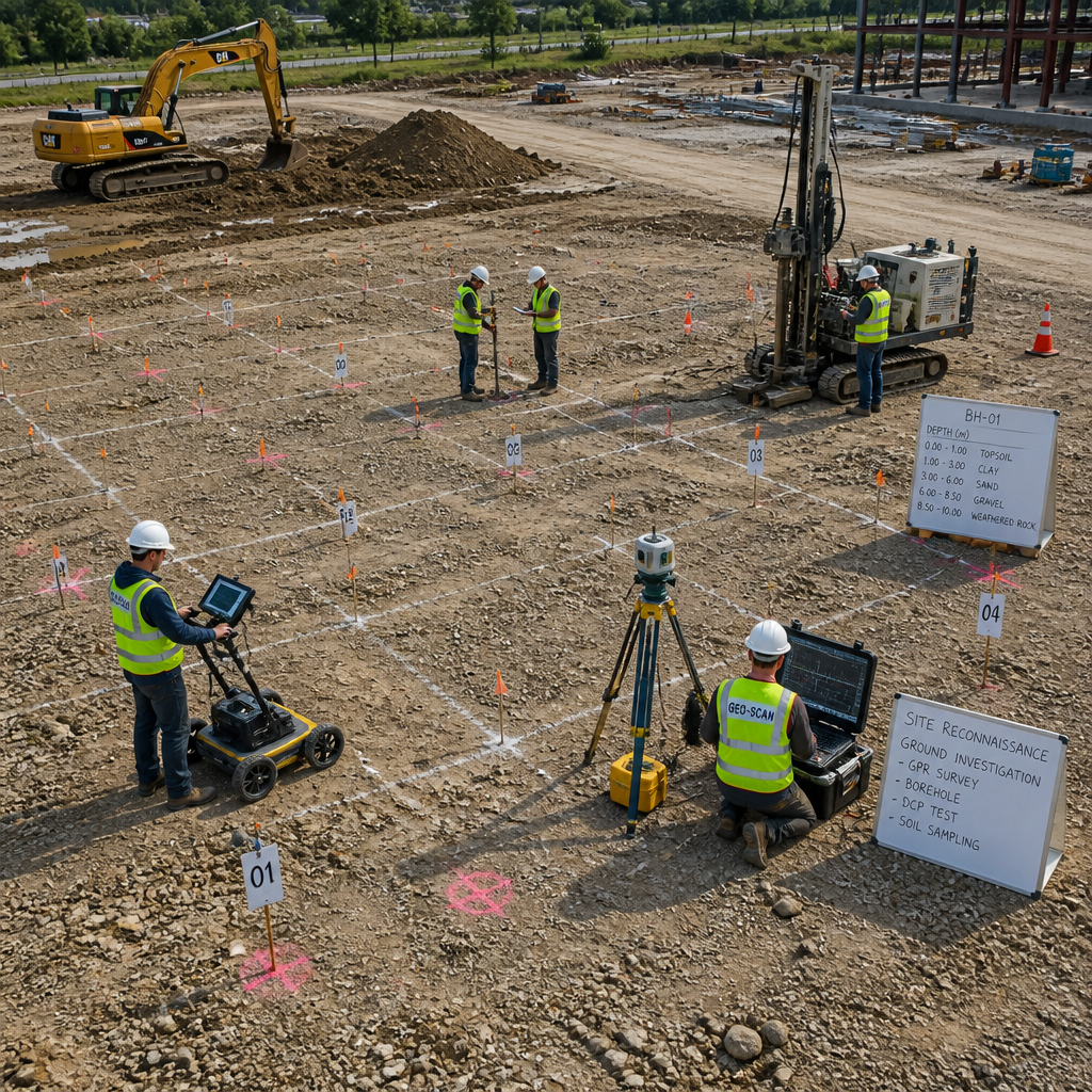 Chantier de construction avec équipement géotechnique et reconnaissance de terrain