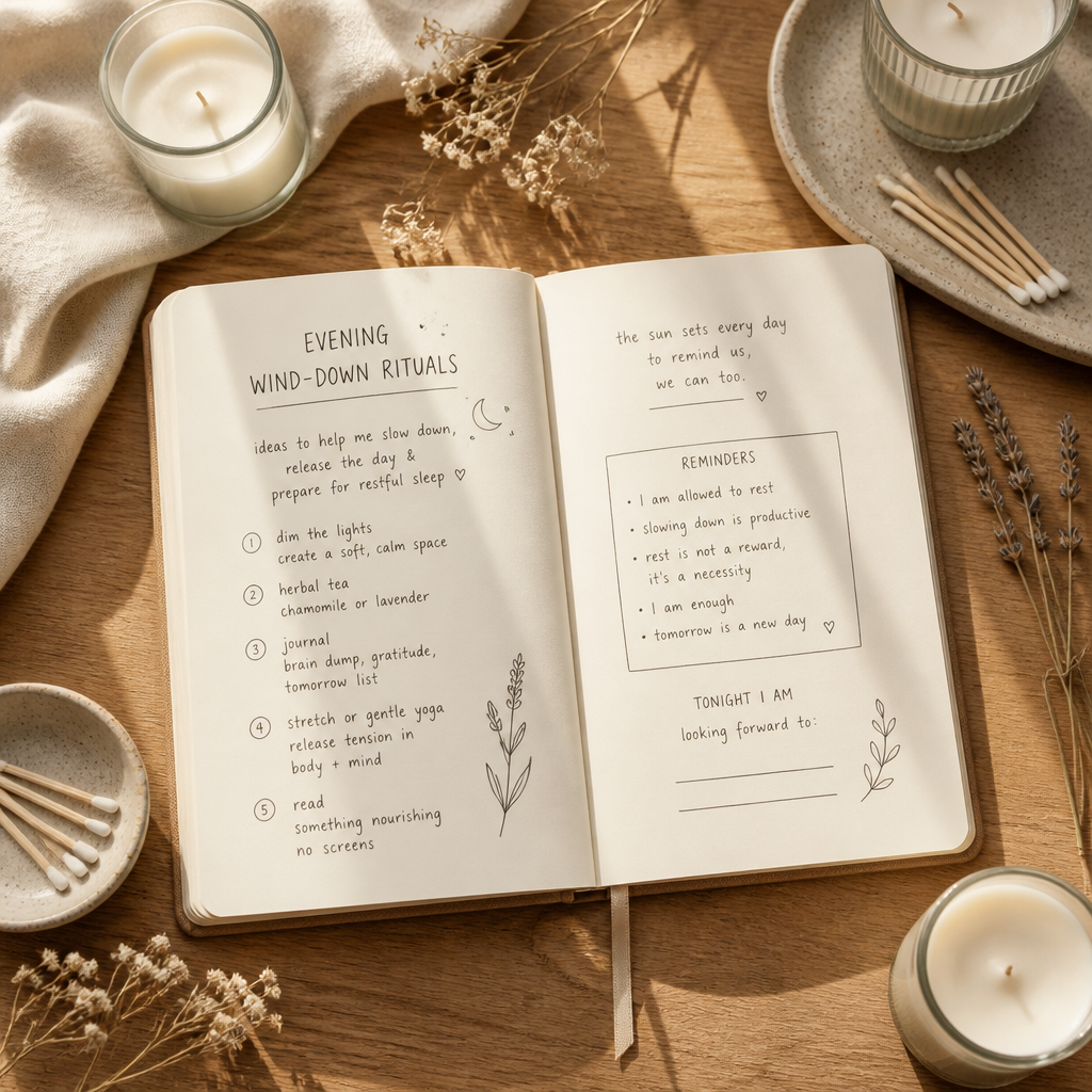 Overhead view of evening wind-down planning notes with candles and natural materials