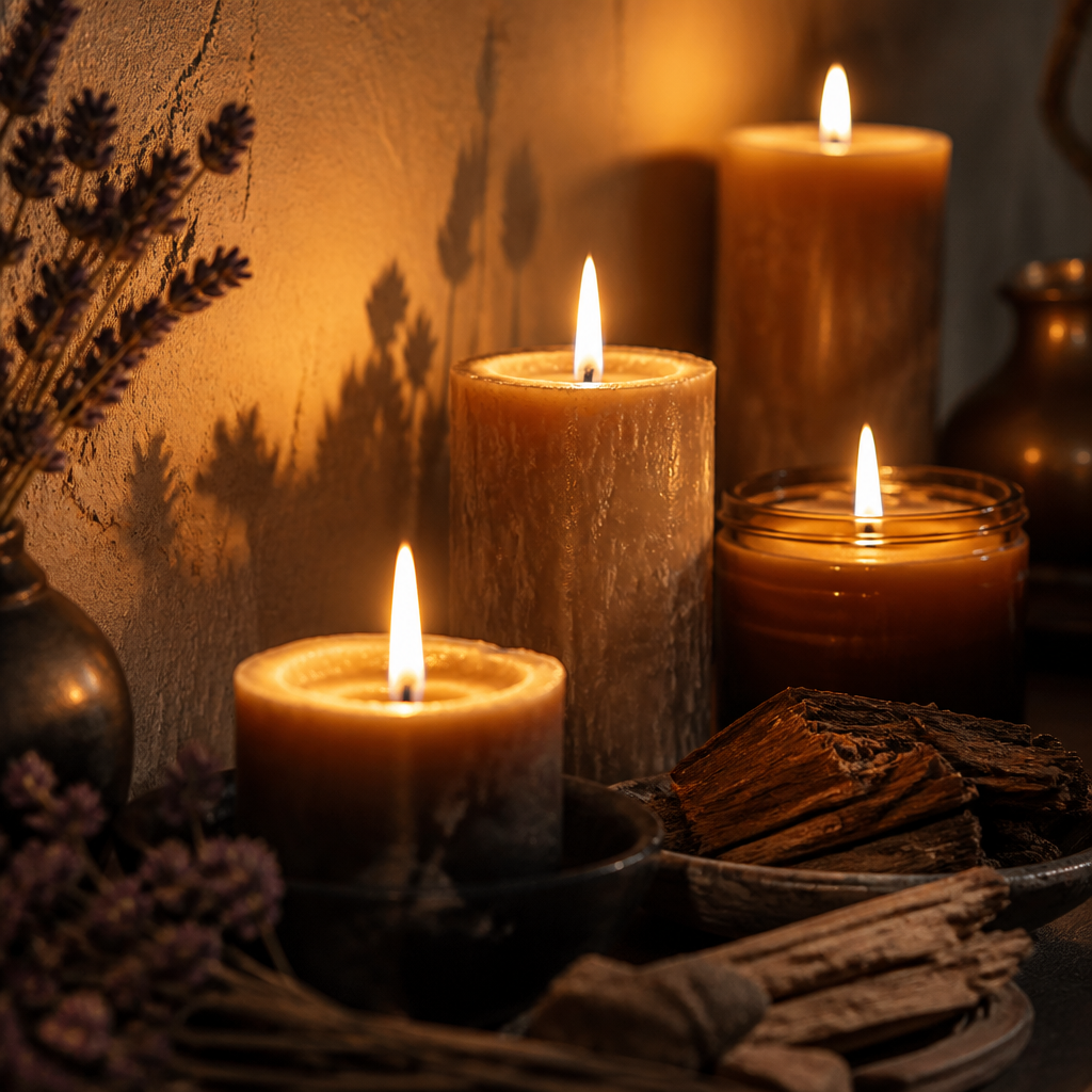 Lit candles with warm flames and botanical elements creating ambient shadows